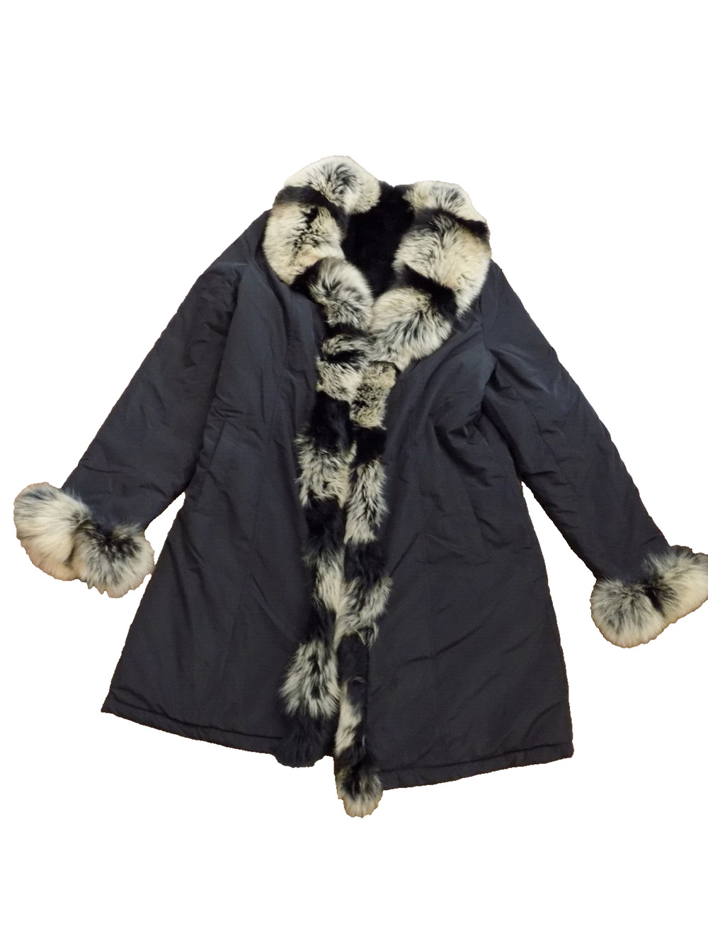 Vtg Twiggy fox Rabbit Fur A Line Coat Reversible Jacket Black XL (M) Runs SMALL